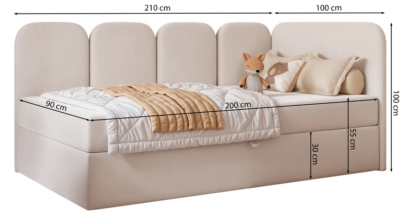 Jugendbett 90x200 cm Nubini linksseitig mit Stauraum, hellblauer wasserabweisender Samt