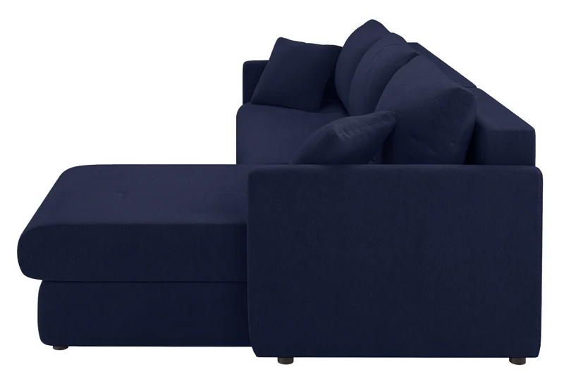 Ecksofa mit Schlafunktion Lorro, L-förmig, universell, mit zwei Stauraumfächern, marineblauer Chenillestoff