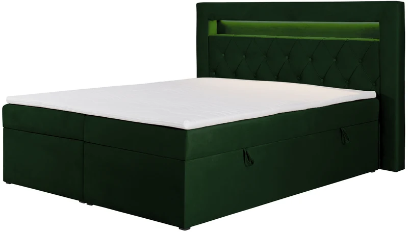 Kontinentales Bett 160x200 cm Goldess mit Stauraum und LED-Beleuchtung, samtiges Flaschengrün
