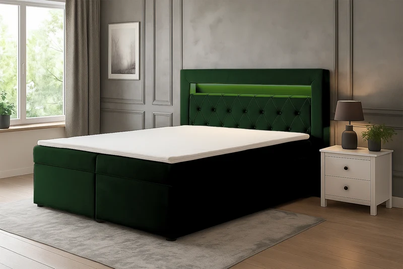 Kontinentales Bett 160x200 cm Goldess mit Stauraum und LED-Beleuchtung, samtiges Flaschengrün