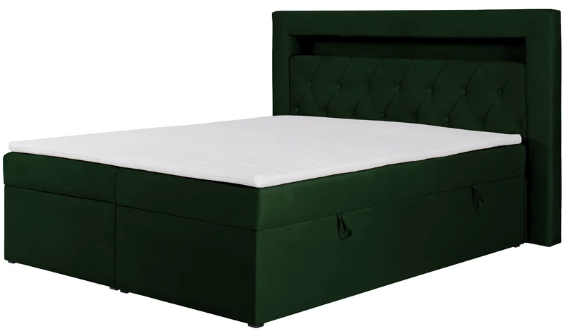 Kontinentales Bett 160x200 cm Goldess mit Stauraum und LED-Beleuchtung, samtiges Flaschengrün