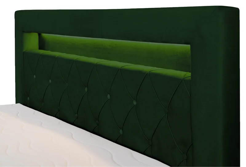 Kontinentales Bett 160x200 cm Goldess mit Stauraum und LED-Beleuchtung, samtiges Flaschengrün