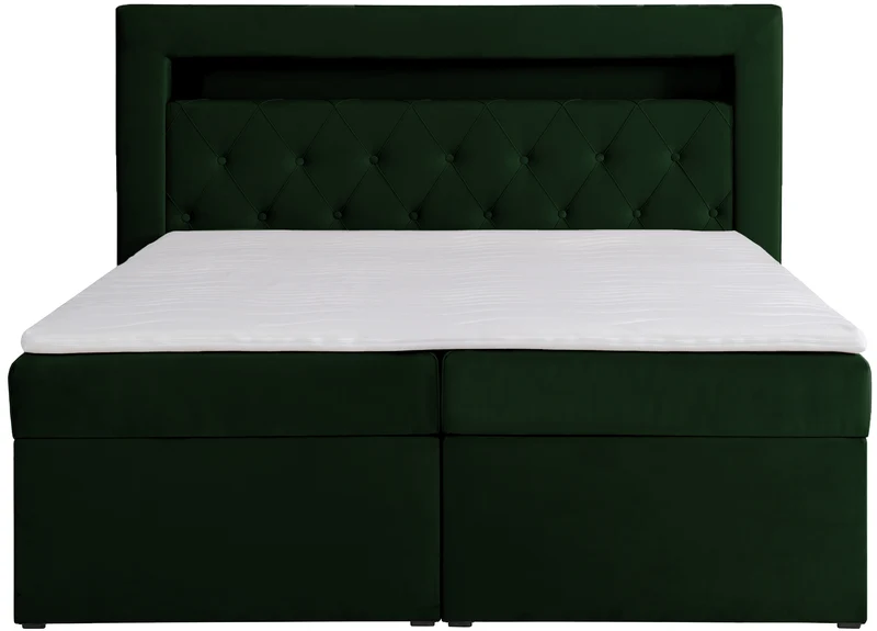 Kontinentales Bett 160x200 cm Goldess mit Stauraum und LED-Beleuchtung, samtiges Flaschengrün