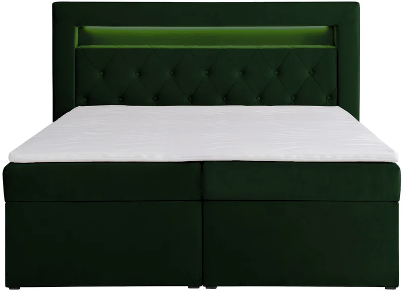 Kontinentales Bett 160x200 cm Goldess mit Stauraum und LED-Beleuchtung, samtiges Flaschengrün