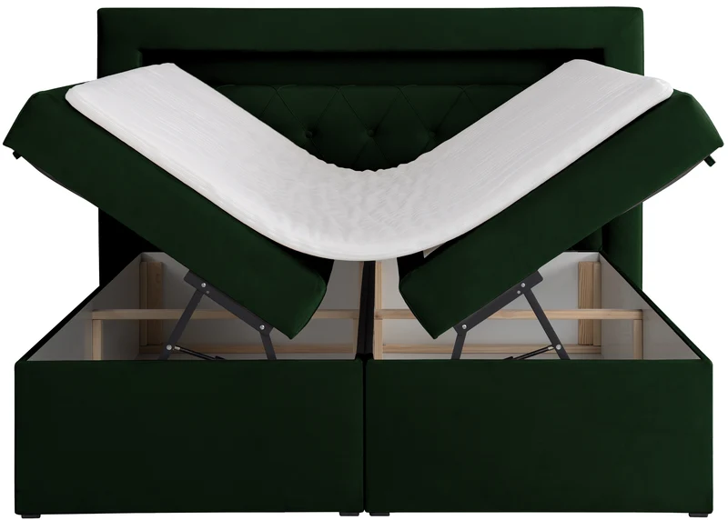 Kontinentales Bett 160x200 cm Goldess mit Stauraum und LED-Beleuchtung, samtiges Flaschengrün