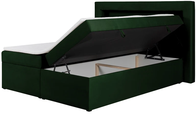 Kontinentales Bett 160x200 cm Goldess mit Stauraum und LED-Beleuchtung, samtiges Flaschengrün