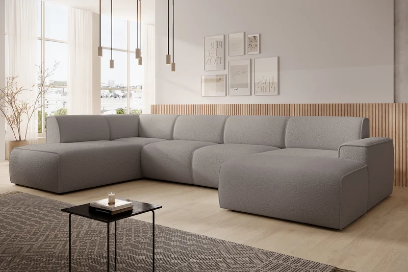 Ecksofa Bouvi U-förmig linksseitig in grau-braunem Bouclé