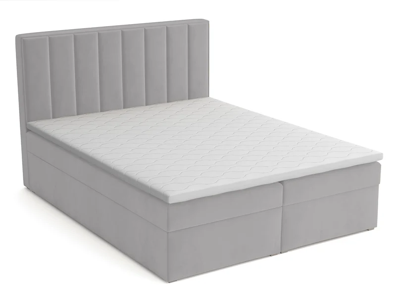 Kontinentales Bett 160x200 cm Rinus mit Stauraum und Topper, hellgrauer Samt