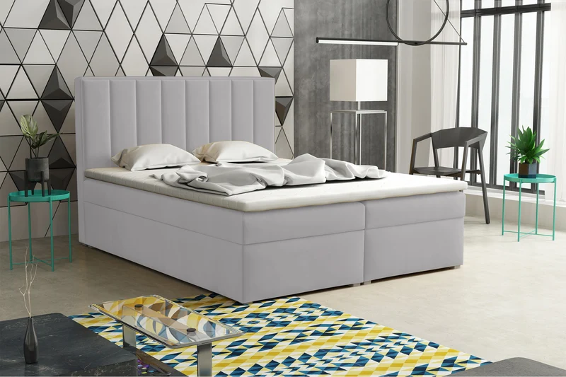Kontinentales Bett 160x200 cm Rinus mit Stauraum und Topper, hellgrauer Samt