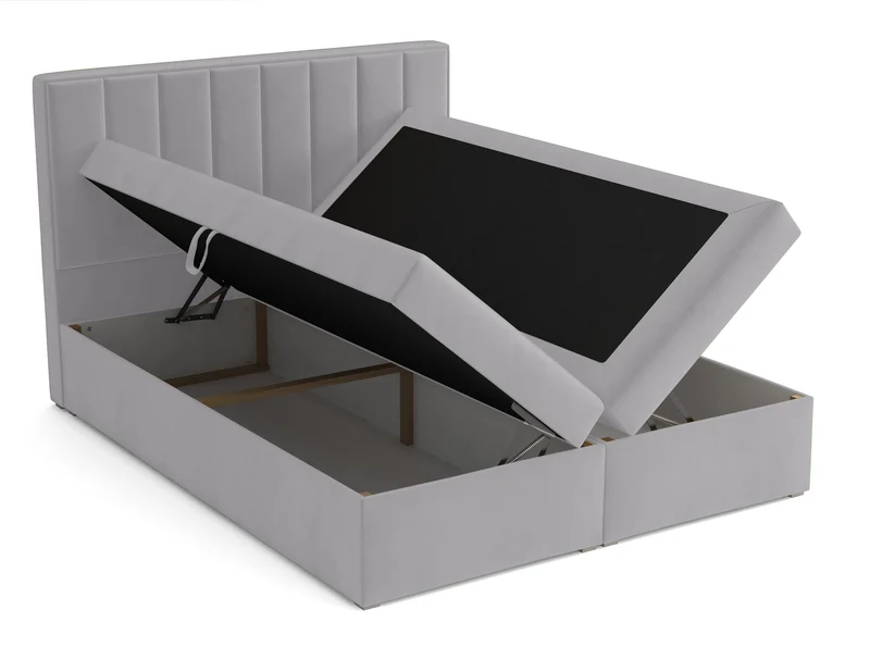 Kontinentales Bett 160x200 cm Rinus mit Stauraum und Topper, hellgrauer Samt