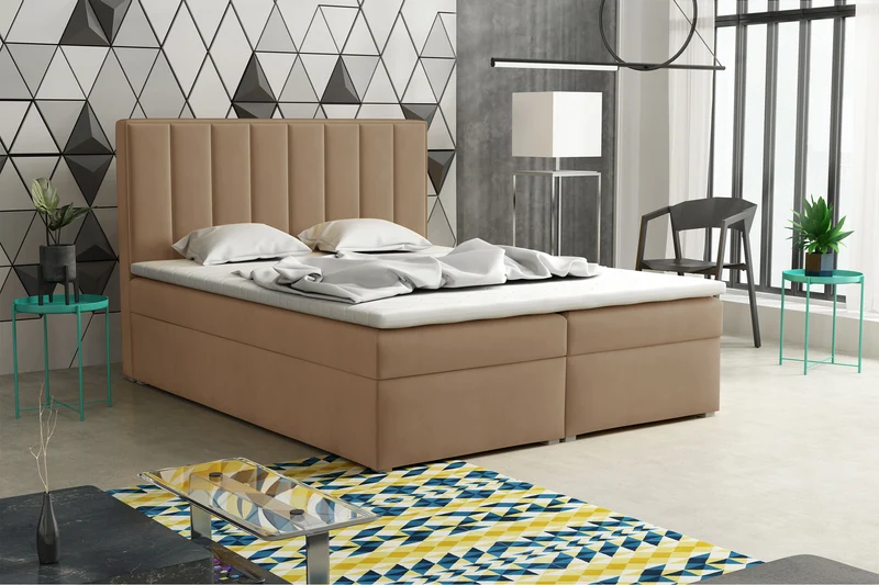 Kontinentalbett 160x200 cm Rinus mit Stauraum und Topper, beige Samt
