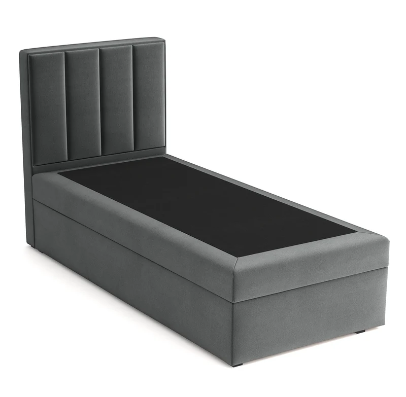 Kontinentales Bett 90x200 cm Rinus mit Stauraum, dunkelgrauer Velours, wasserabweisend, rechtsseitig