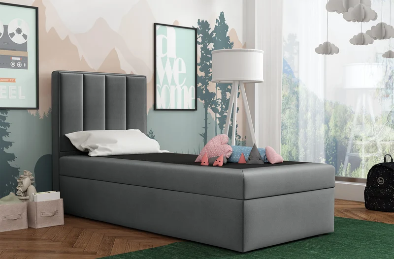 Kontinentales Bett 90x200 cm Rinus mit Stauraum, dunkelgrauer Velours, wasserabweisend, rechtsseitig