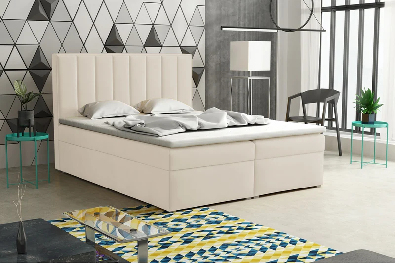 Kontinentalbett 160x200 cm Rinus mit Stauraum und Topper, cremefarbener Samt