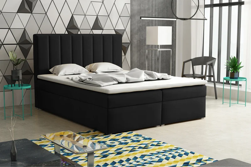 Kontinentales Bett 180x200 cm Rinus mit Stauraum und Topper, schwarzer Samt
