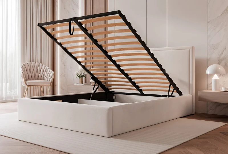 Polsterbett 140x200 cm Asurro mit Stauraum, Metallrahmen, cremefarbener wasserabweisender Samtbezug