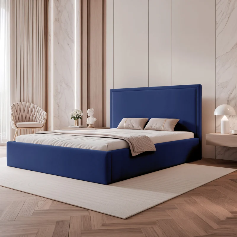 Polsterbett 160x200 cm Asurro mit Stauraum, Metallrahmen, blauer hydrophober Samt