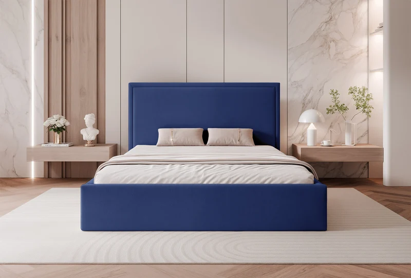 Polsterbett 160x200 cm Asurro mit Stauraum, Metallrahmen, blauer hydrophober Samt