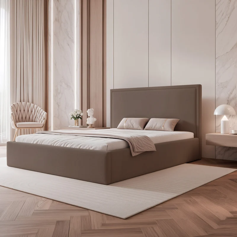Polsterbett 140x200 cm Asurro mit Stauraum, Metallrahmen, brauner hydrophober Samt