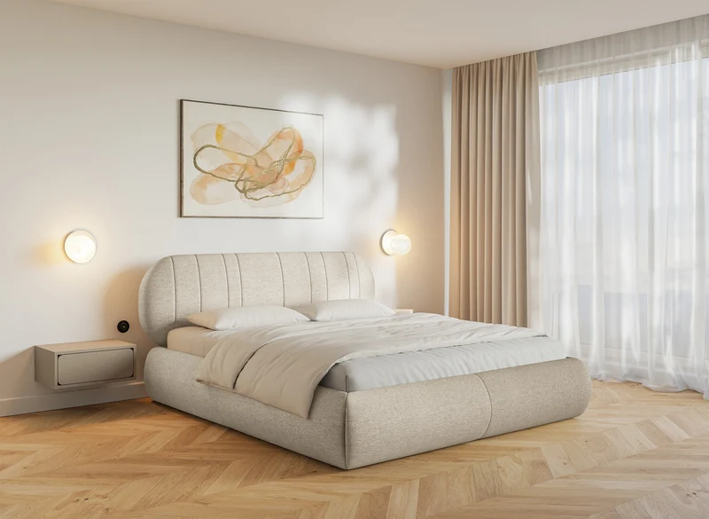 Gepolstertes Bett 160x200 cm Asmelio beige Geflecht