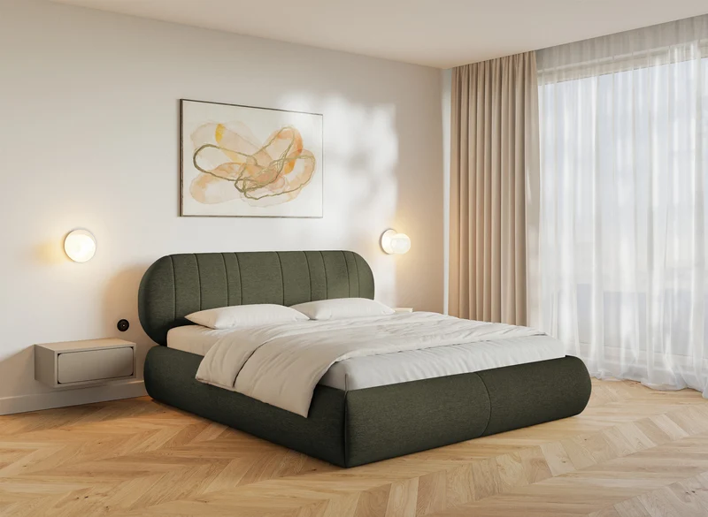 Polsterbett 180x200 cm Asmelio mit Stauraum, Metallrahmen, khaki Flechtmuster