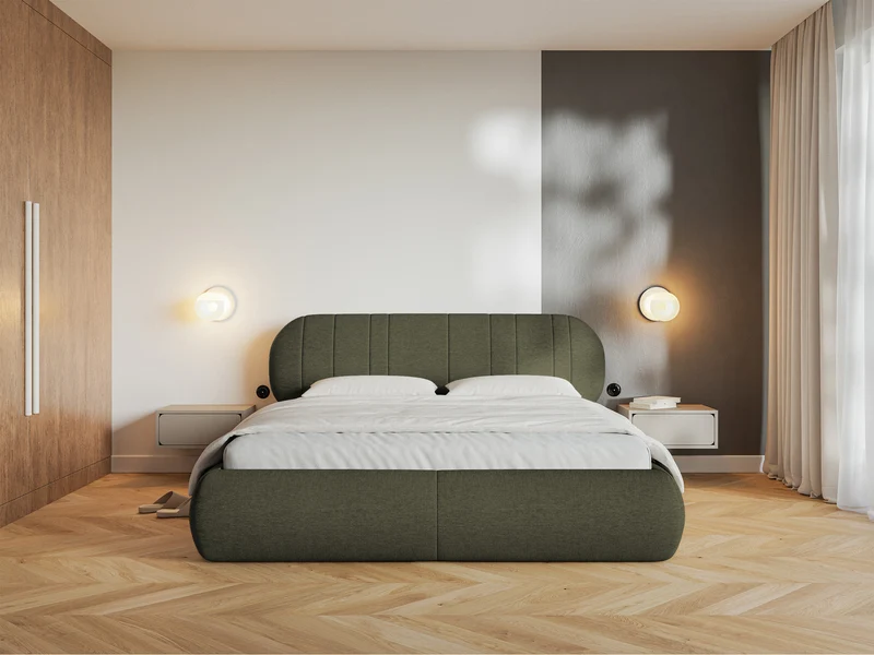 Polsterbett 180x200 cm Asmelio mit Stauraum, Metallrahmen, khaki Flechtmuster