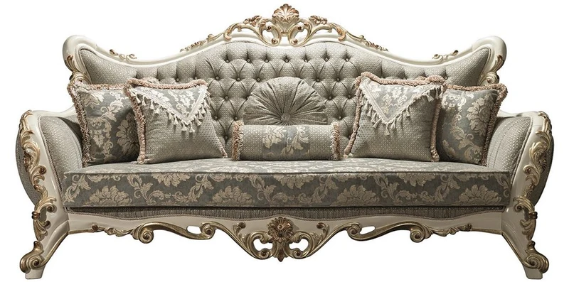 Casa Padrino Luxus Barock Wohnzimmer Sofa Grau / Weiß / Gold 235 x 95 x H. 120 cm - Prunkvolle Couch mit Glitzersteinen und dekorativen Kissen - Edle Barockmöbel