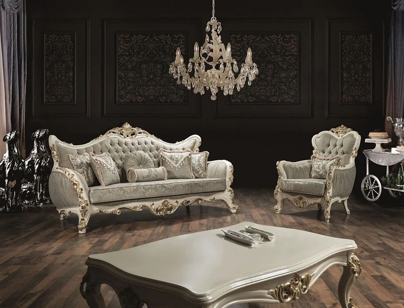 Casa Padrino Luxus Barock Wohnzimmer Sofa Grau / Weiß / Gold 235 x 95 x H. 120 cm - Prunkvolle Couch mit Glitzersteinen und dekorativen Kissen - Edle Barockmöbel