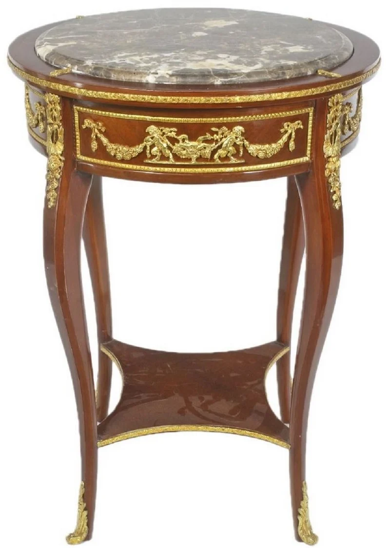 Casa Padrino Barock Beistelltisch mit Marmorplatte Braun / Gold Ø 45 x H. 75 cm - Runder Tisch im Barockstil - Barock Möbel