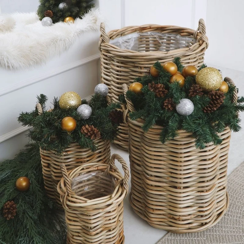 Natur Rattankorb BAKUL rund Grey 40cm Pflanzkorb Inlay Griffe