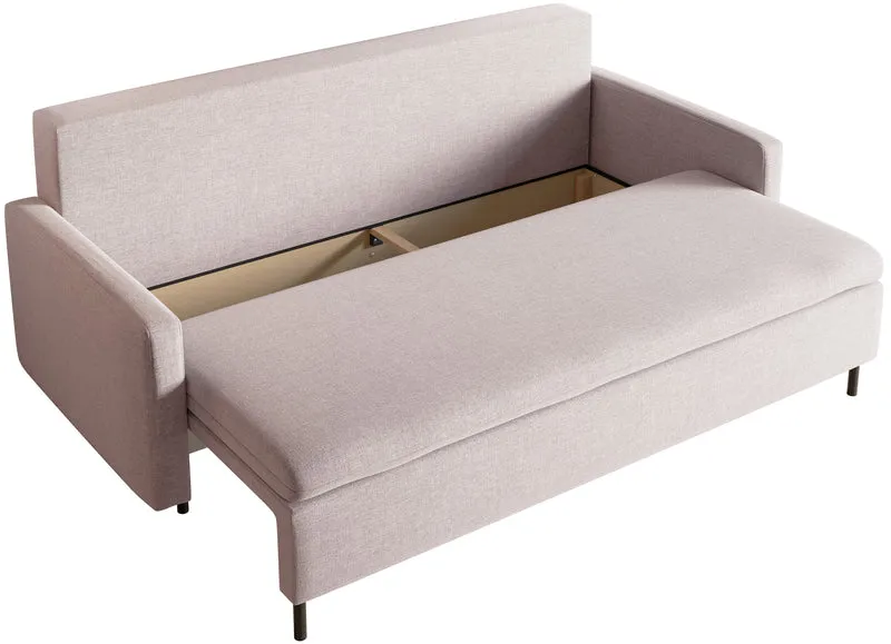 Dreisitziges Klappsofa Umpro mit Stauraum, hellbeiger Chenille-Stoff, leicht zu reinigen