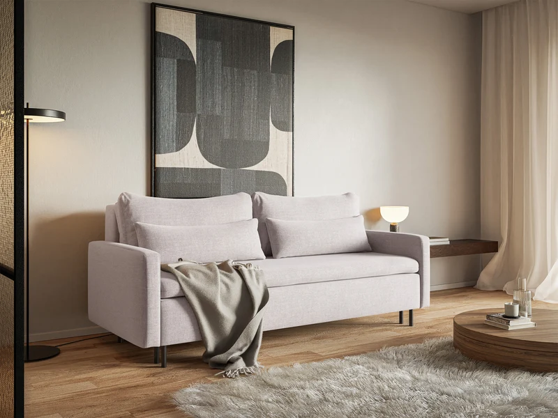 Dreisitziges Klappsofa Umpro mit Stauraum, hellbeiger Chenille-Stoff, leicht zu reinigen