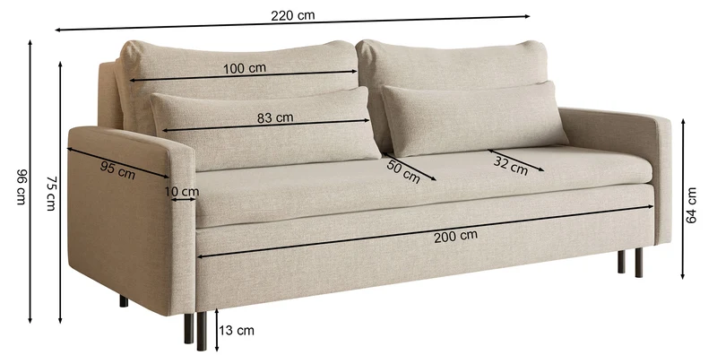 Dreisitziges Klappsofa Umpro mit Stauraum, hellbeiger Chenille-Stoff, leicht zu reinigen