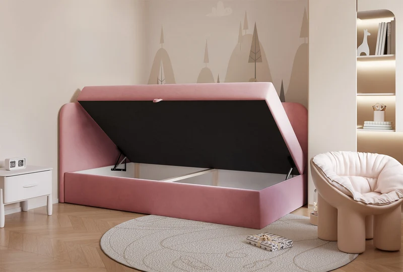 Jugendbett 90x200 cm Nubini, linksseitig mit Stauraum, rosa Velours, wasserabweisend