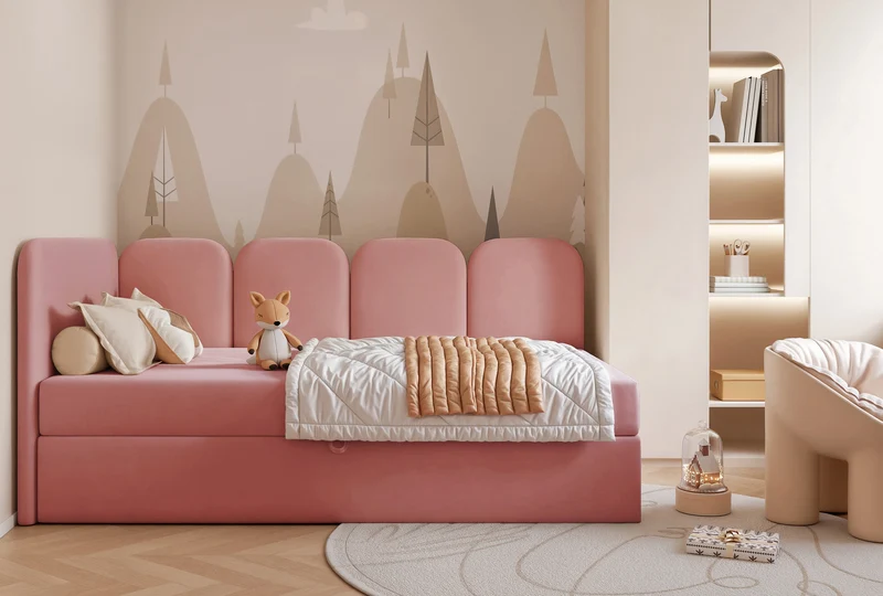 Jugendbett 90x200 cm Nubini, linksseitig mit Stauraum, rosa Velours, wasserabweisend