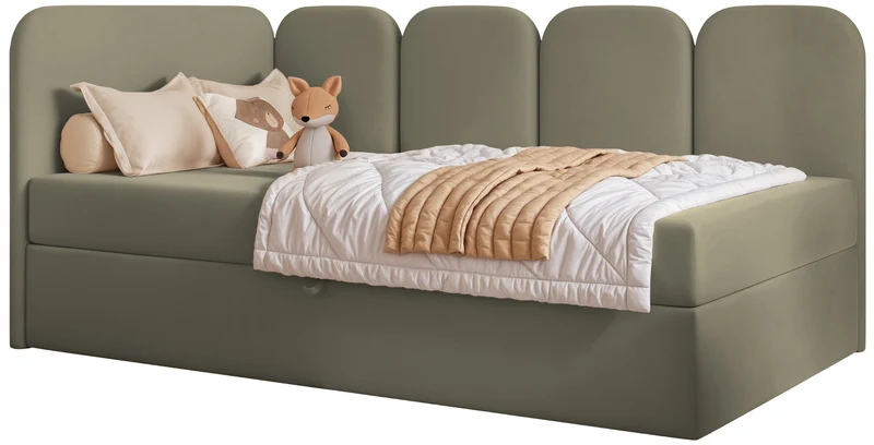 Jugendbett 90x200 cm Nubini linksseitig mit Stauraum, salbeigrüner Velours, wasserabweisend