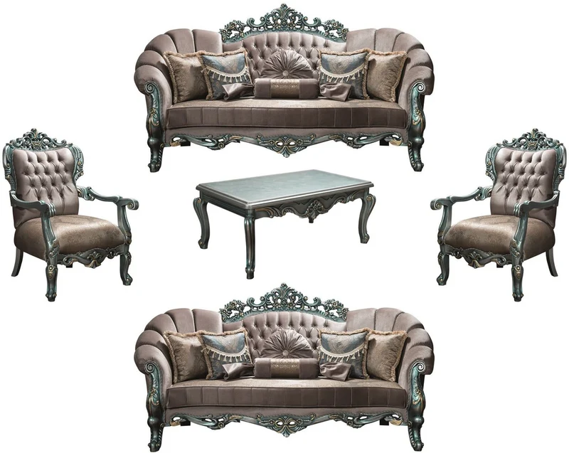 Casa Padrino Luxus Barock Wohnzimmer Set Grau / Grün / Gold - 2 Sofas & 2 Sessel & 1 Couchtisch - Wohnzimmermöbel im Barockstil - Edel & Prunkvoll