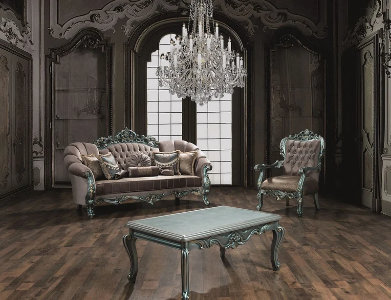 Casa Padrino Luxus Barock Wohnzimmer Set Grau / Grün / Gold - 2 Sofas & 2 Sessel & 1 Couchtisch - Wohnzimmermöbel im Barockstil - Edel & Prunkvoll
