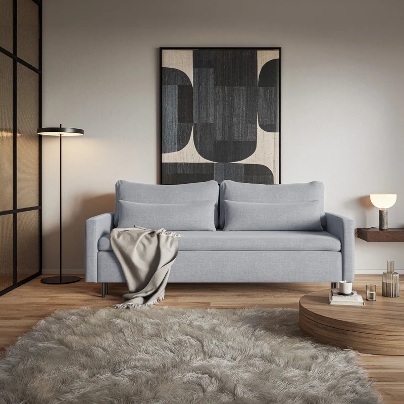 Dreisitziges ausklappbares Sofa Umpro mit Stauraum, grauer, pflegeleichter Chenille-Stoff
