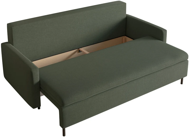 Dreisitziges ausklappbares Sofa Umpro mit Stauraum, dunkelgrüner Chenille, leicht zu reinigen
