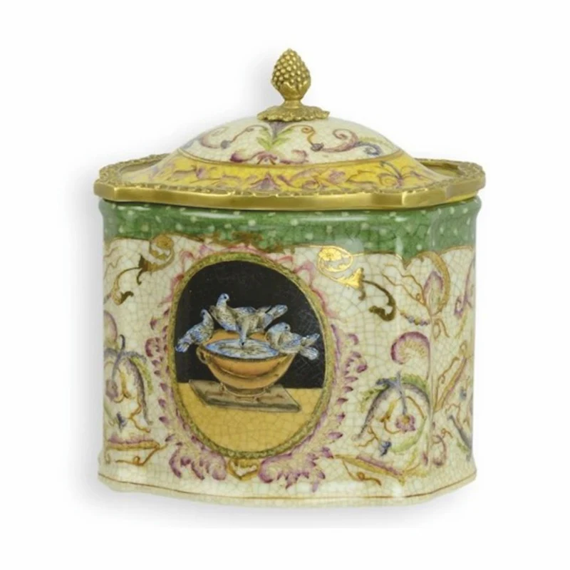 Casa Padrino Barock Porzellan Teedose Bunt / Messing H. 18 cm - Deko Accessoires