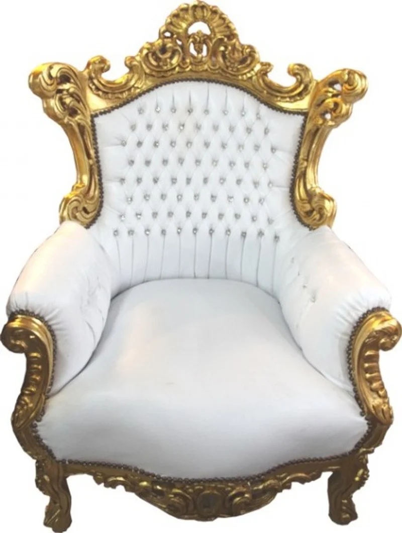 Casa Padrino Barock Sessel Al Capone Weiß / Gold mit Bling Bling Glitzersteinen 90 x 80 x H. 128 cm
