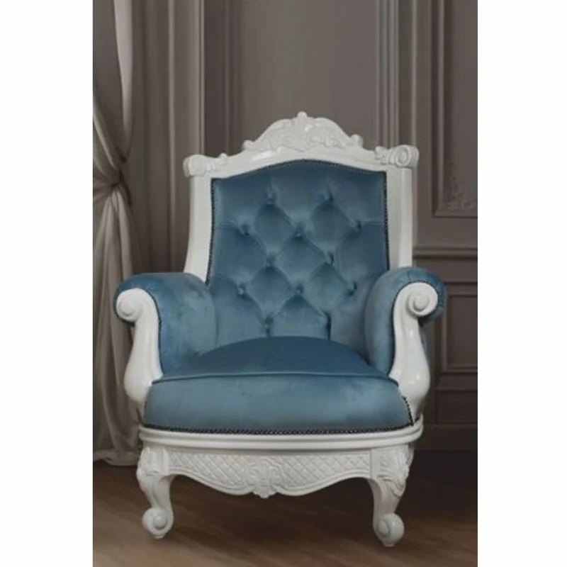 Casa Padrino Luxus Barock Samt Sessel Blau / Weiß - Barock Wohnzimmer Möbel