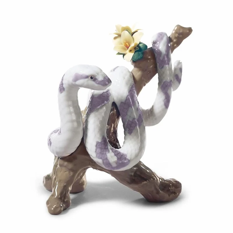 Casa Padrino Luxus Porzellan Deko Figur Schlange auf Ast Bunt / Braun 18 x 14 x H. 19 cm