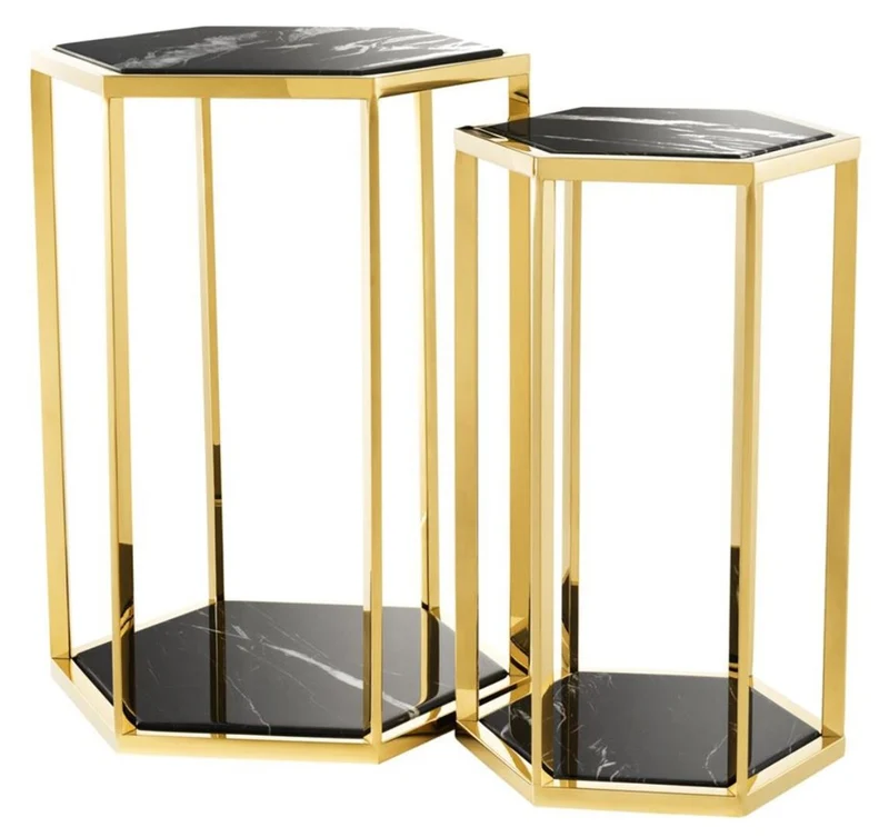 Casa Padrino Luxus Beistelltisch 2er Set in gold mit schwarzem Marmor - Luxus Qualität