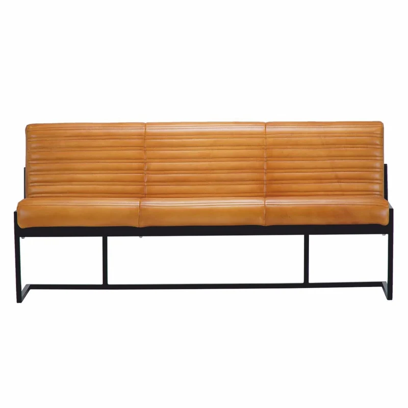 Casa Padrino Luxus Echtleder Sitzbank Hellbraun / Schwarz 200 cm - Echtleder Möbel