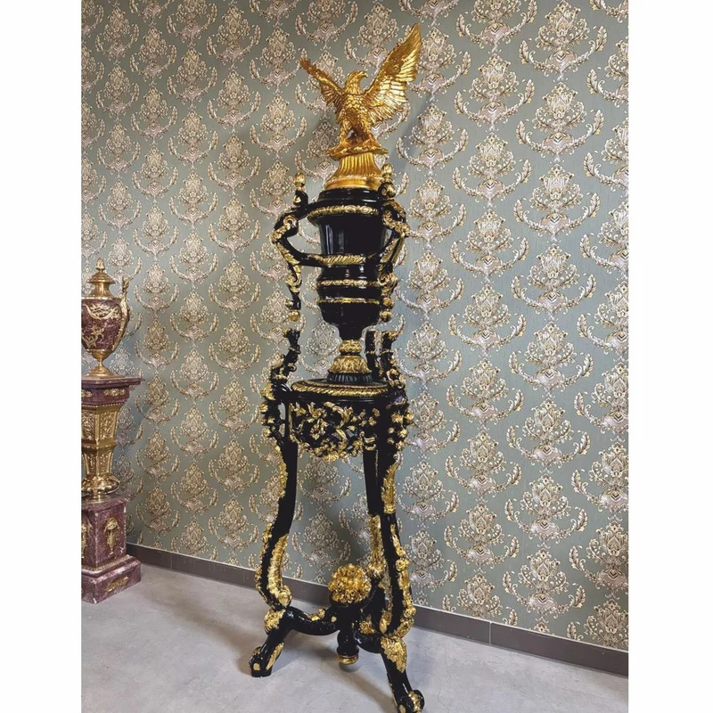 Casa Padrino Barock Säule mit Vase und Adler Schwarz / Gold H. 260 cm - Barock Möbel