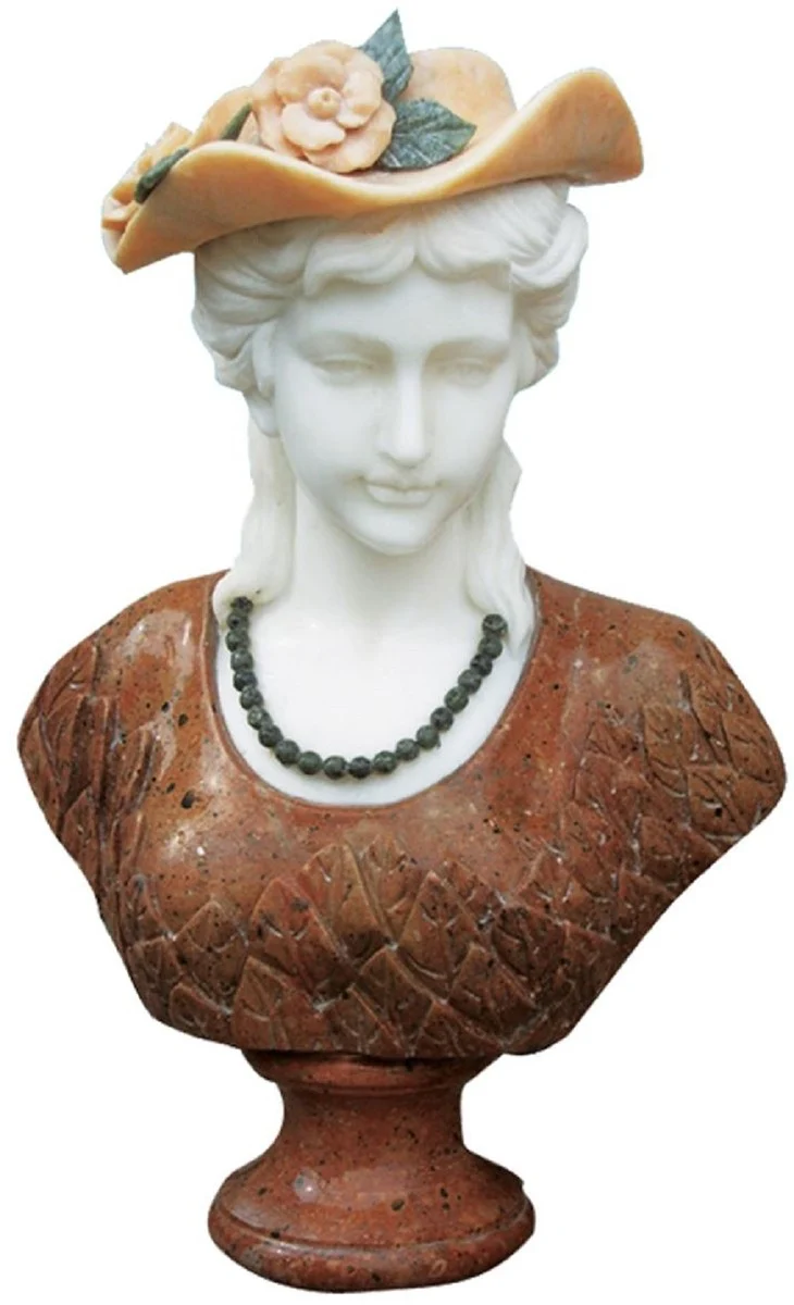 Casa Padrino Luxus Barock Marmor Büste Dame mit Hut H. 65 cm