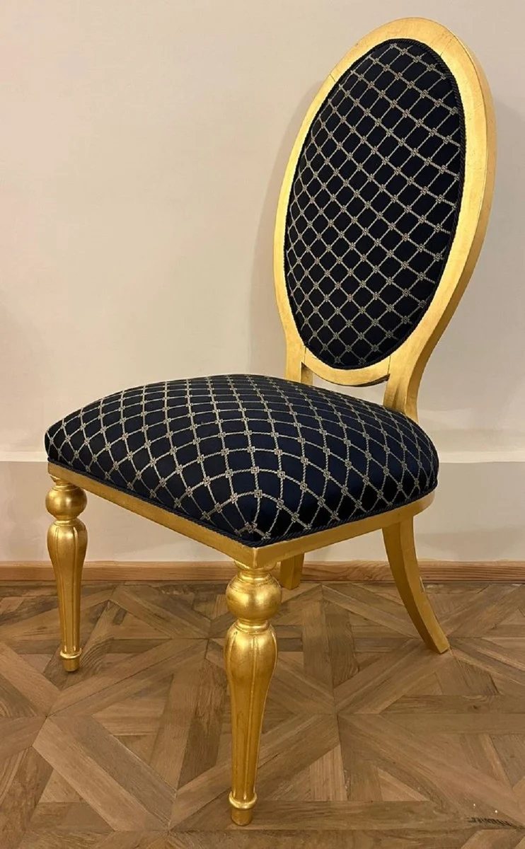 Casa Padrino Barock Esszimmer Stuhl mit Muster Blau / Gold - Esszimmer Möbel im Barockstil