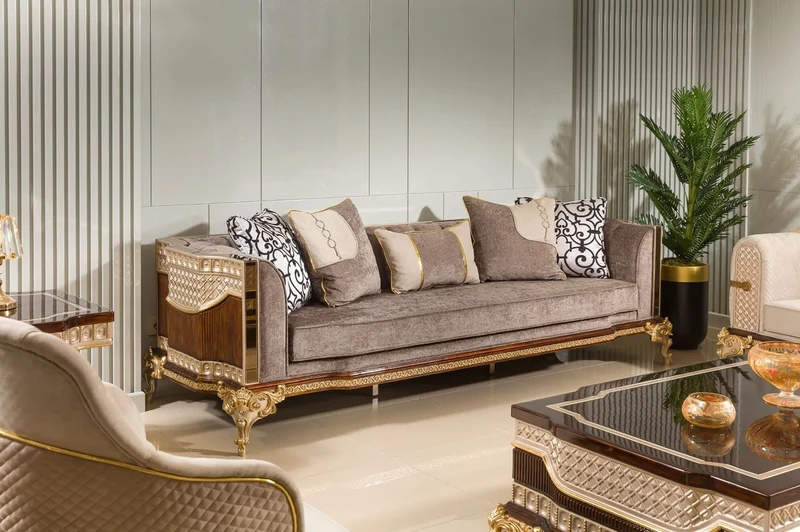 Casa Padrino Luxus Barock Sofa Grau / Dunkelbraun / Gold 265 cm - Barock Möbel